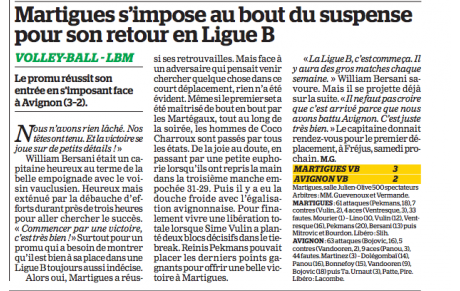 Martigues 3/2 Avignon. L'article de La Marseillaise 
